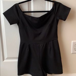 Black short sleeve off the shoulder romper